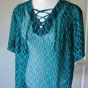 BANANA REPUBLIC FACTORY SHEER GREEN TOP WITH TRIBAL PRINT - SIZE LARGE
